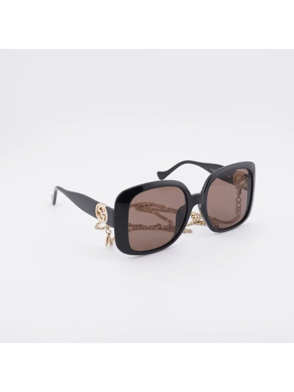 Gucci GG1029SA 005 Sunglasses Black with Gold Chain Square Frame, Brown Lenses
